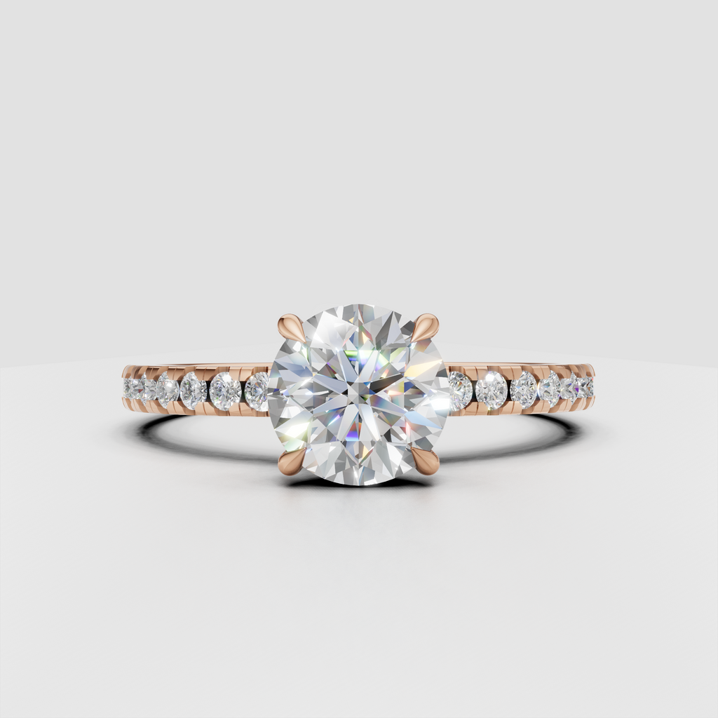 Round cut diamond ring with detailed pave half eternity band