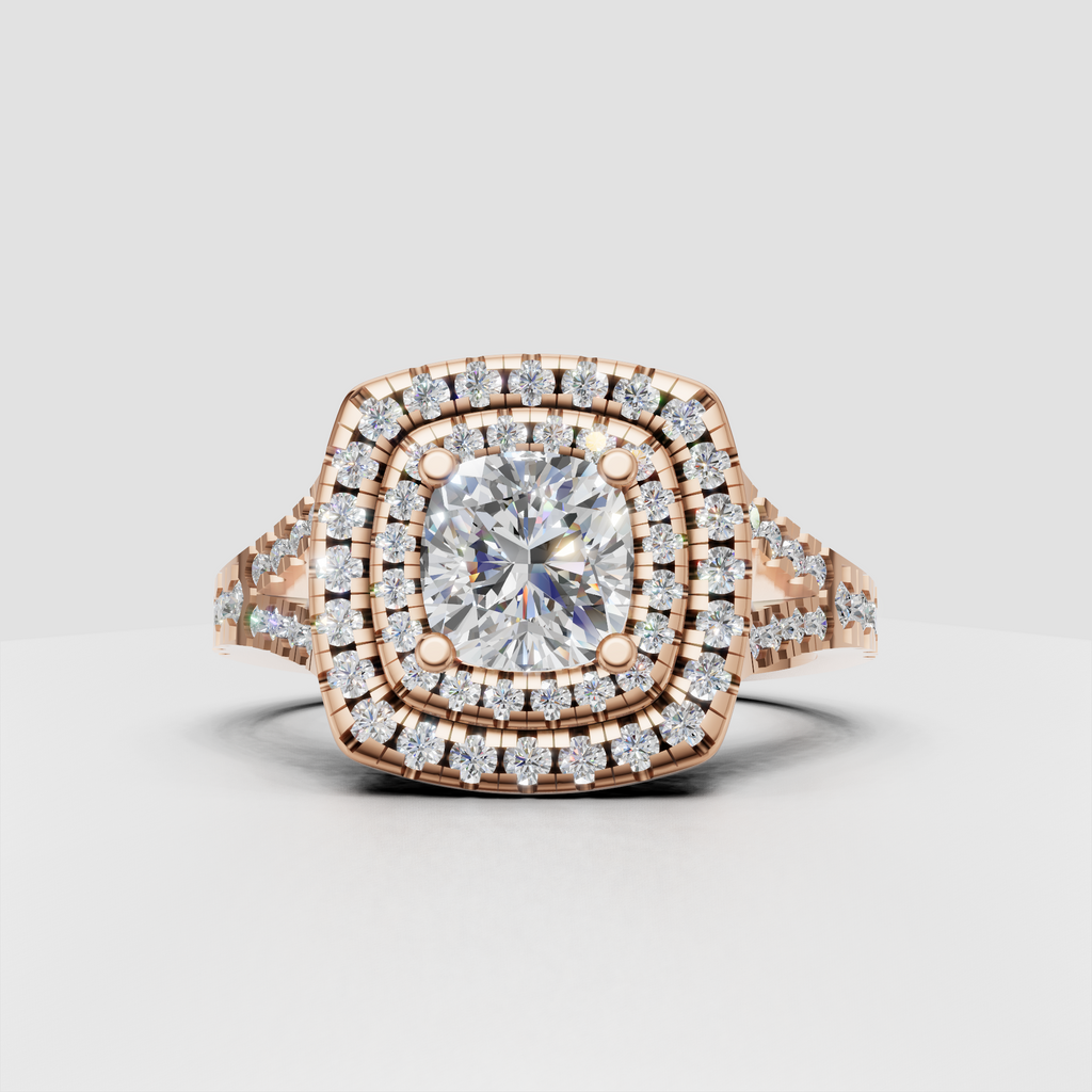 Cushion cut canter stone ring with sparkling round diamond halos