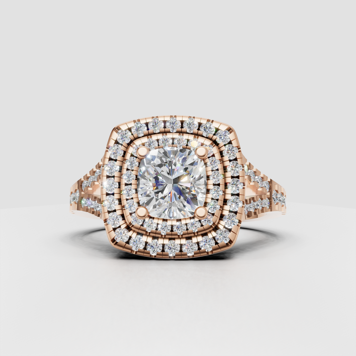 Cushion cut canter stone ring with sparkling round diamond halos
