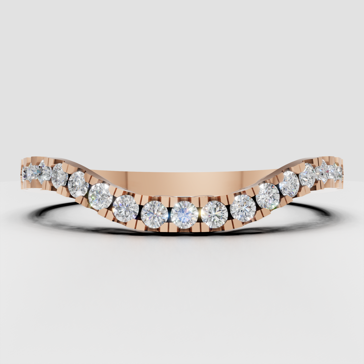 Round stone diamond eternity band with ornate yellow gold gallery detailing