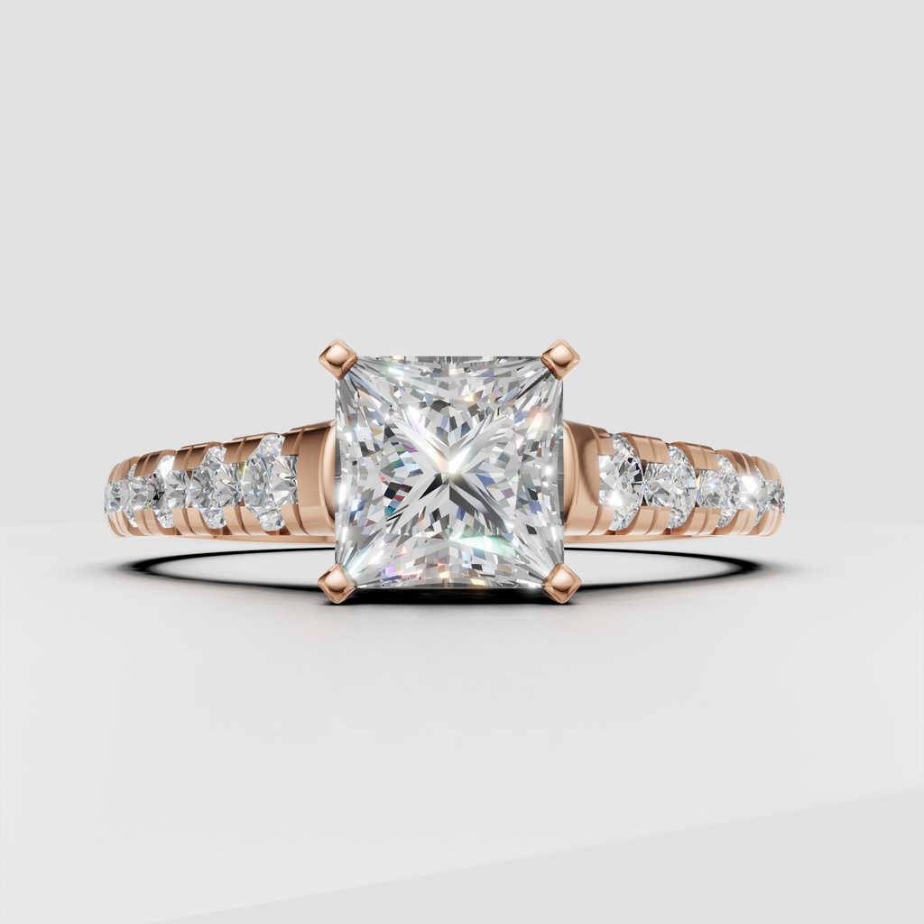 Princess cut diamond ring with continuous round diamond accents