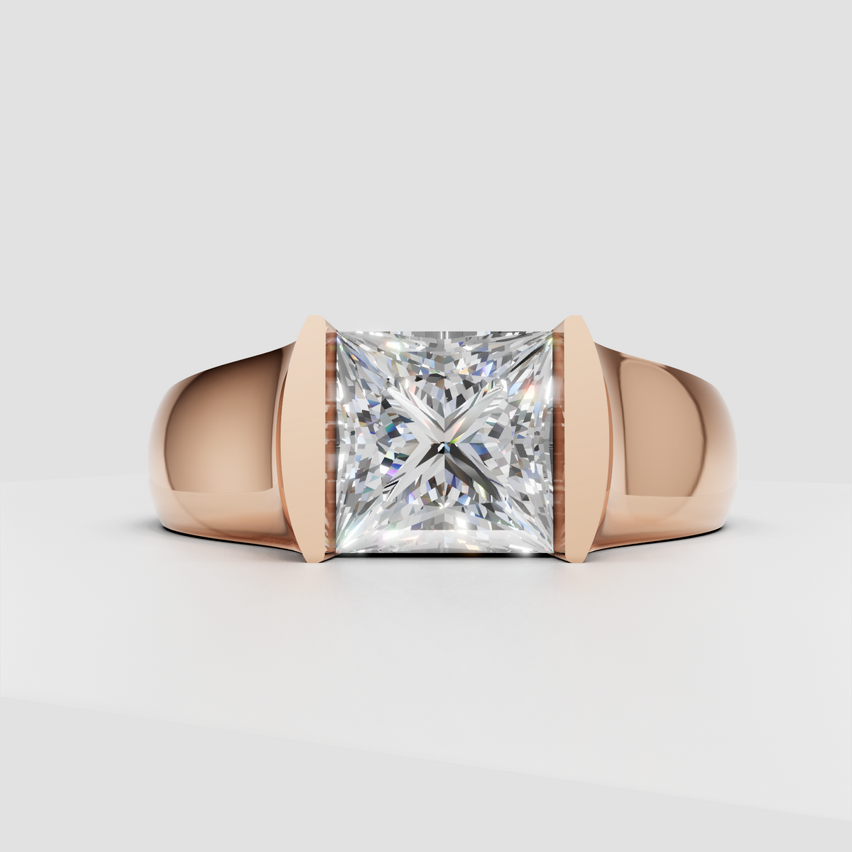 Princess cut center diamond secured in four prongs