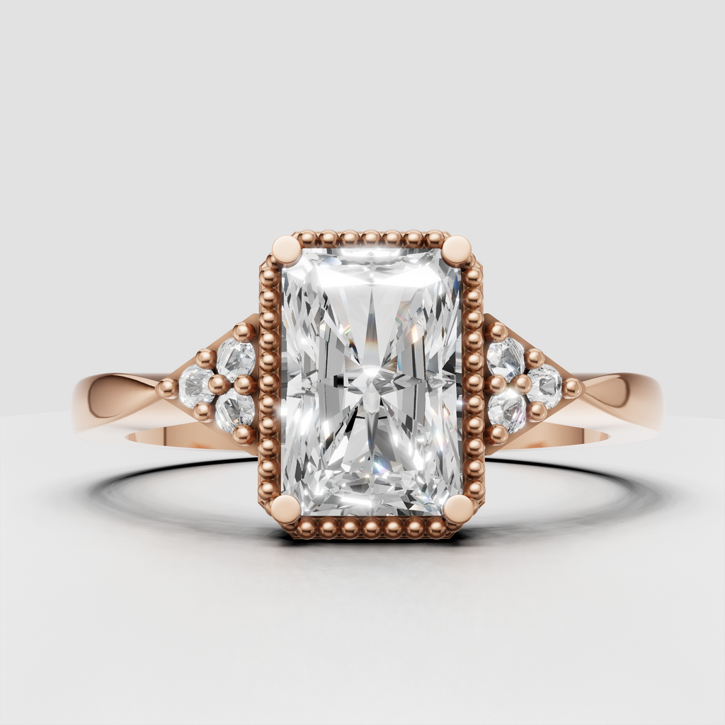 Beaded halo Radiant diamond ring with round shoulder stones