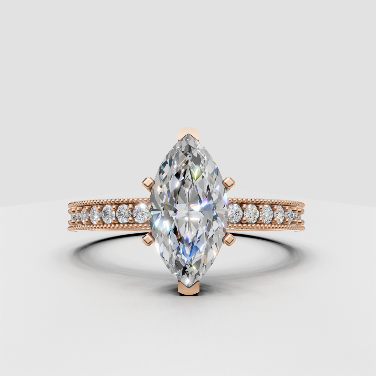 Marquise diamond prong ring with vintage-inspired pavé detailing