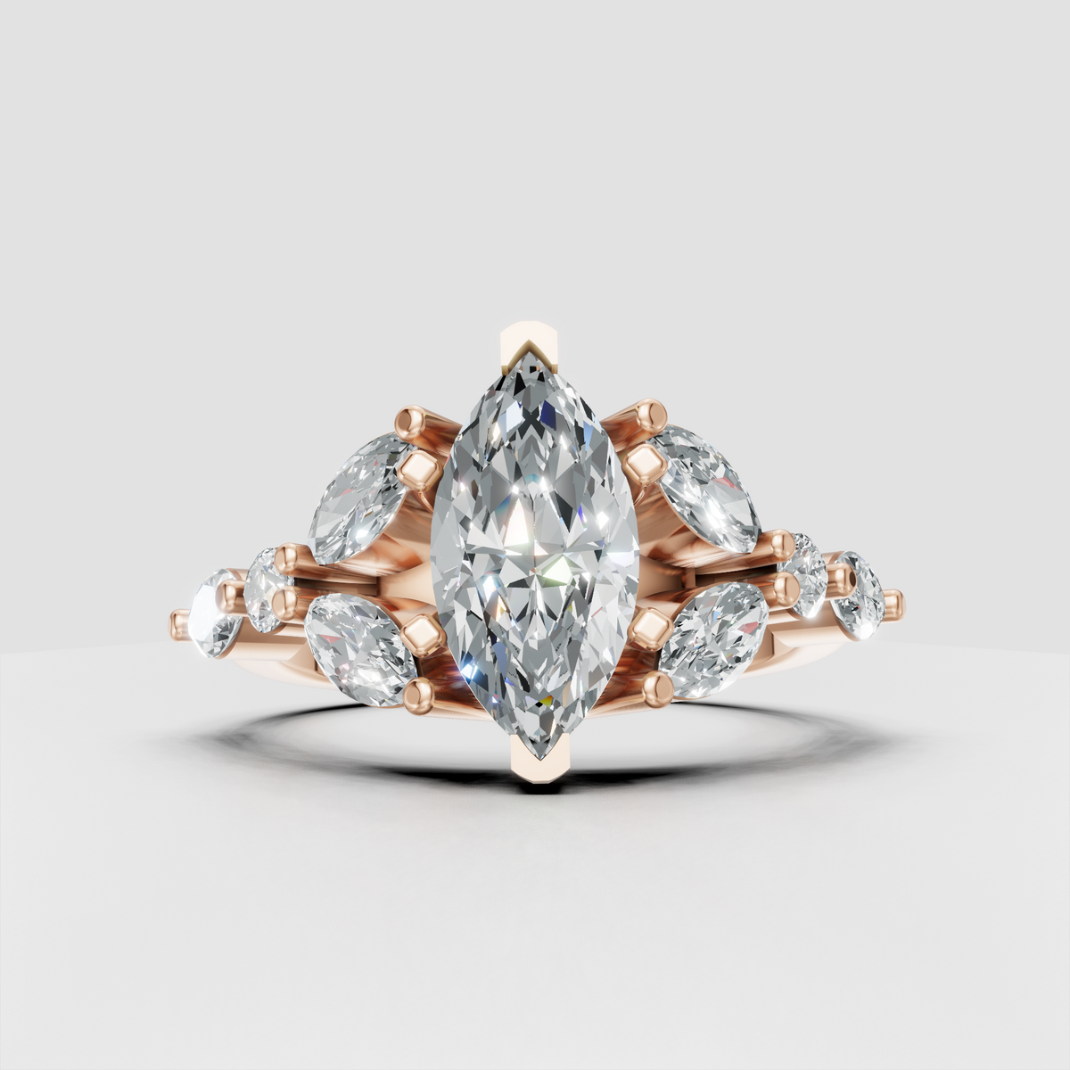 Marquise cut engagement ring with multiple sparkling accent diamonds