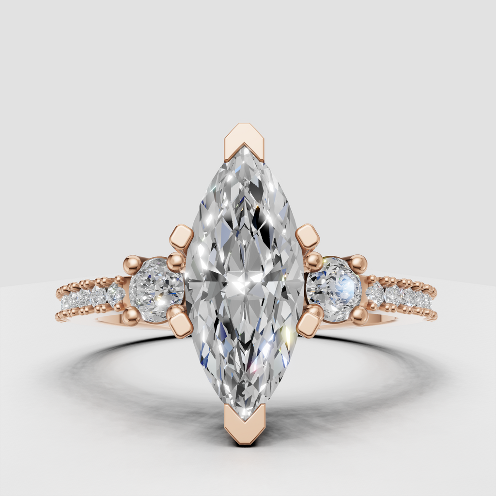 Marquise diamond ring with multiple prongs and pave band detailing