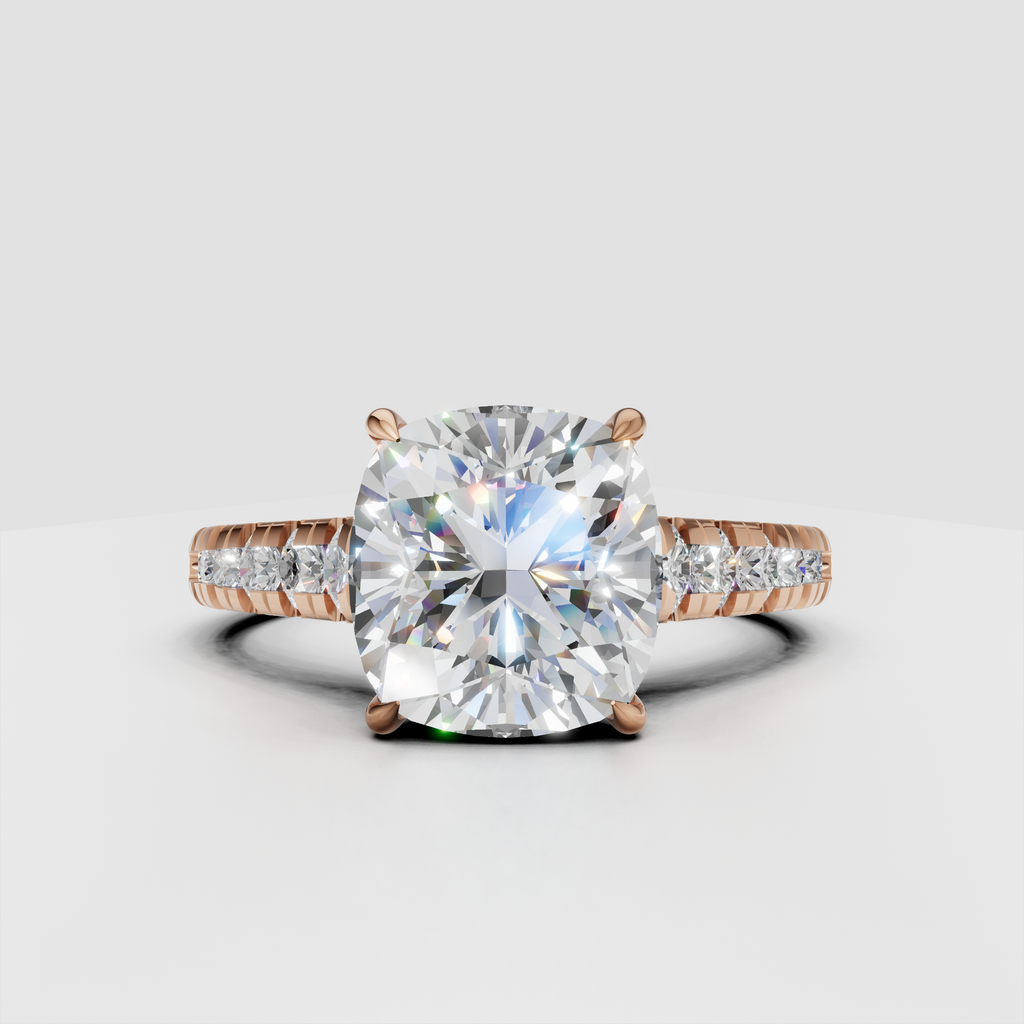Cushion diamond engagement ring with diamond accented shoulders