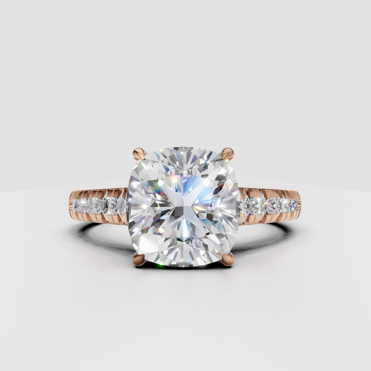 Cushion diamond engagement ring with diamond accented shoulders