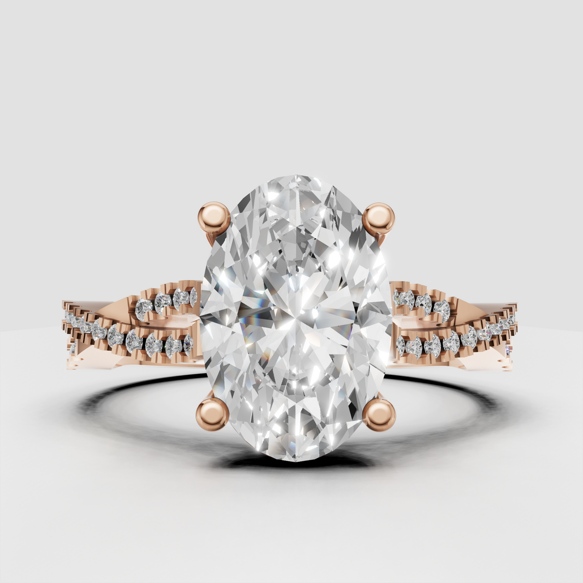 Oval center stone engagement ring with split-shank pavé band