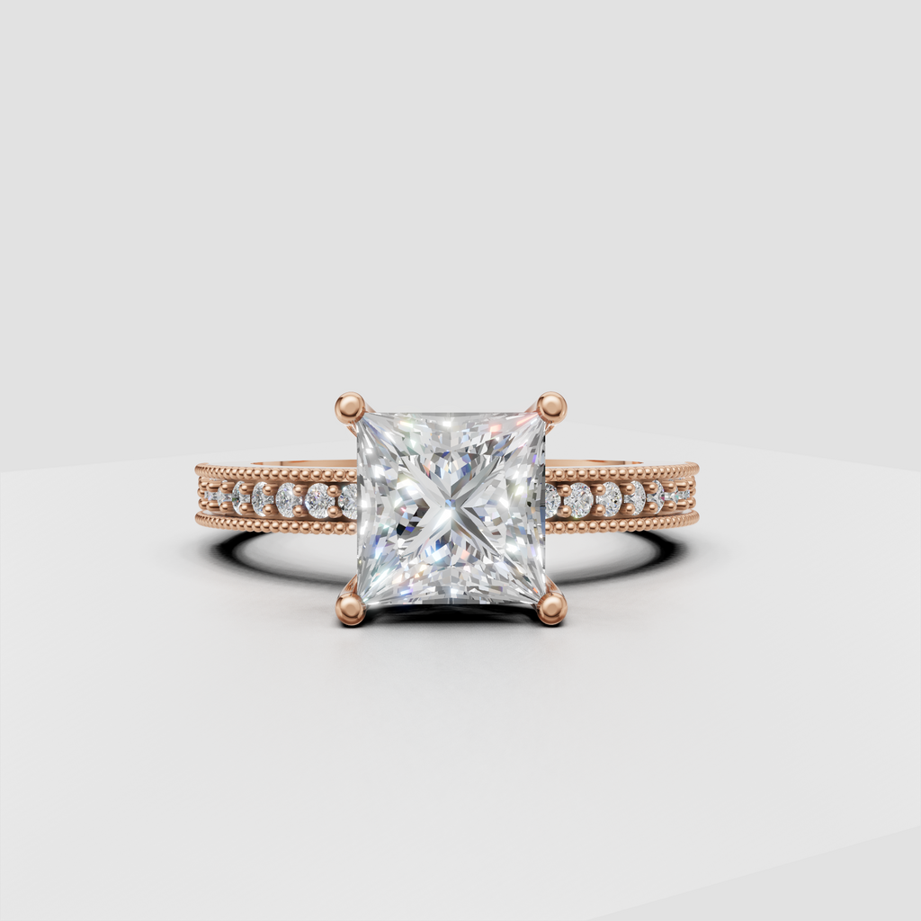Luxury princess-cut diamond ring with polished metal and decorative beaded band