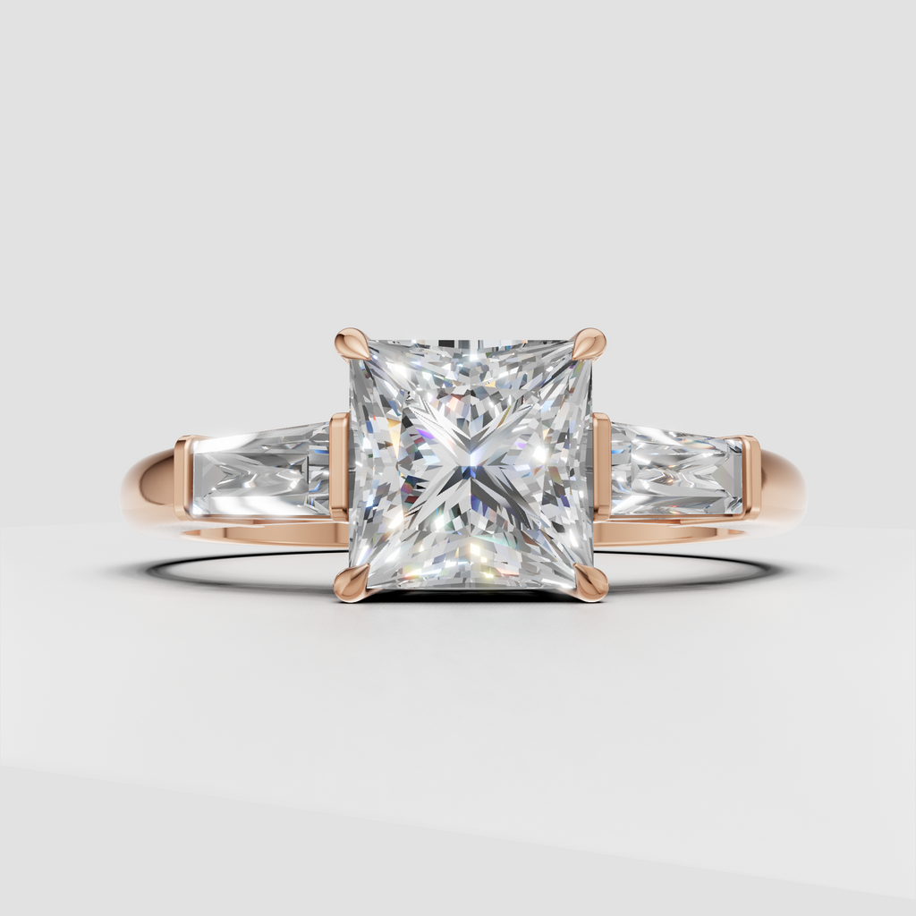 Princess cut center diamond engagement ring with geometric baguette accents