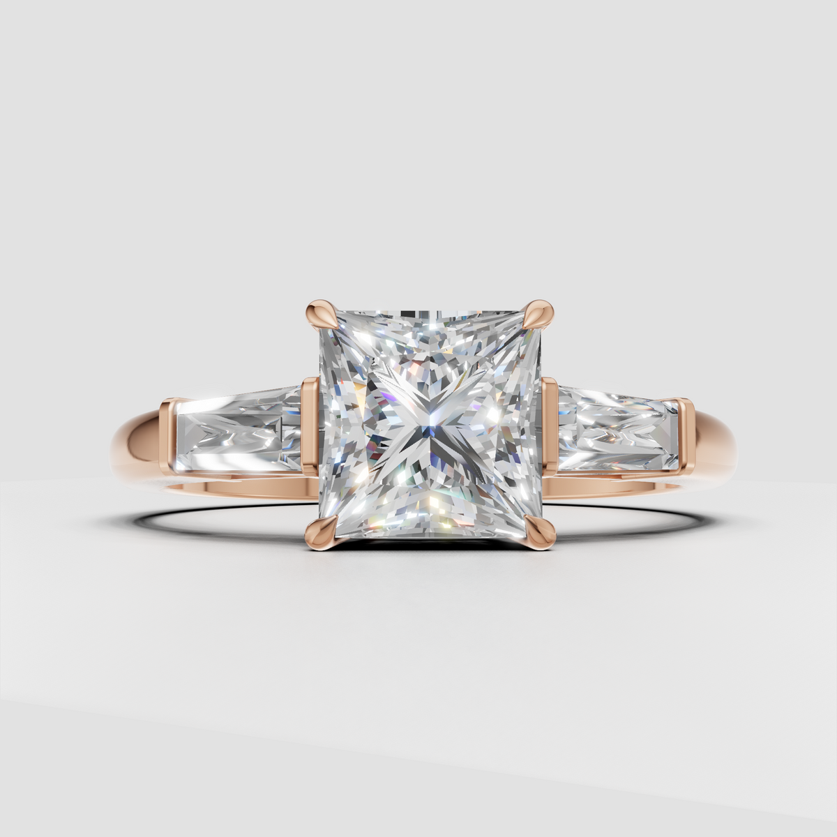 Princess cut center diamond engagement ring with geometric baguette accents