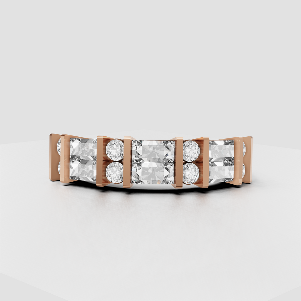 Modern eternity-style diamond ring with baguette and round gemstones