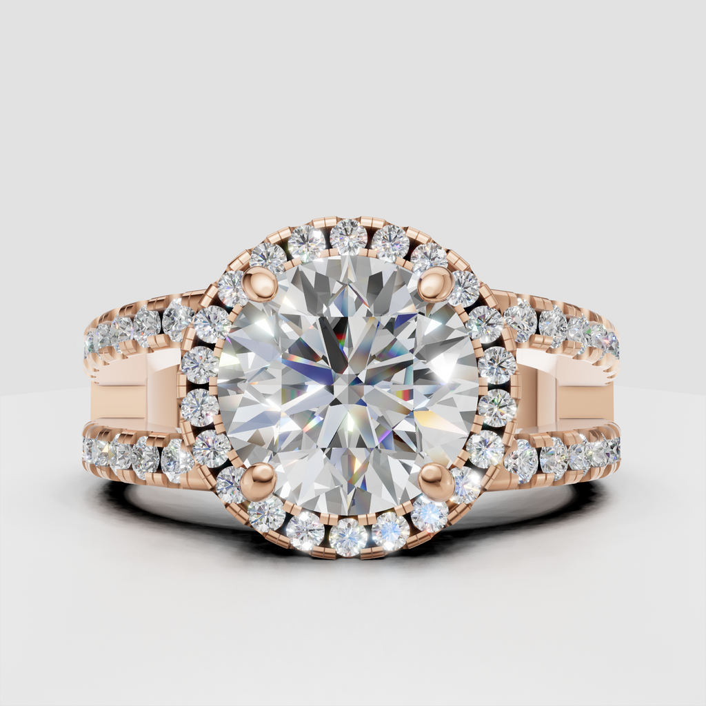 Round diamond engagement ring with intricate split shank and halo setting