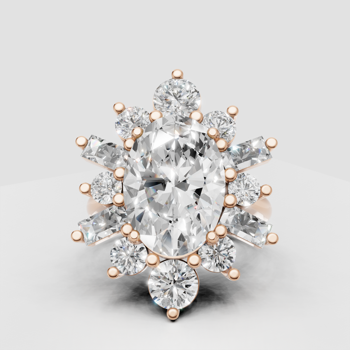 Floral oval diamond ring with intricate multi-stone cluster setting