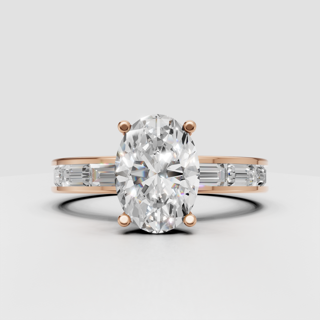 Luxury oval diamond ring with structured channel set band