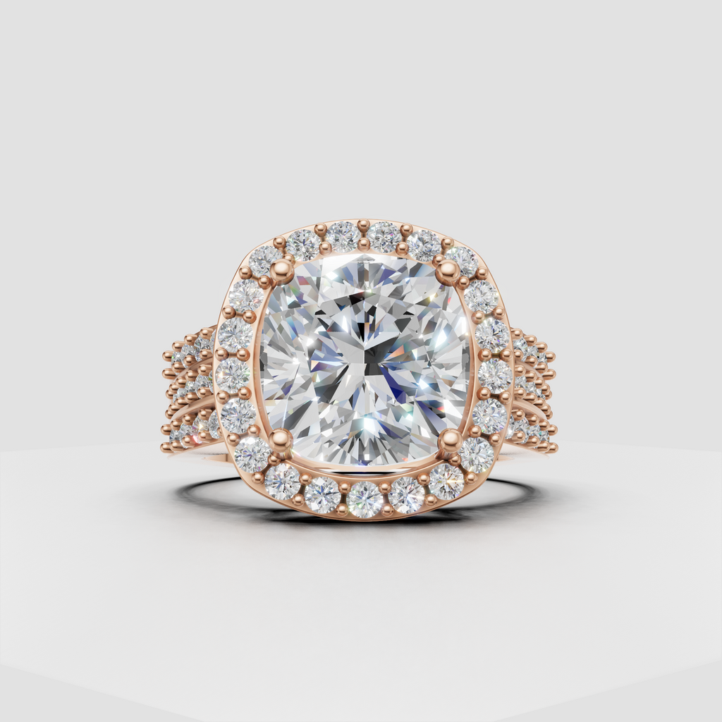 Cushion diamond ring featuring a full sparkling halo and pavé band