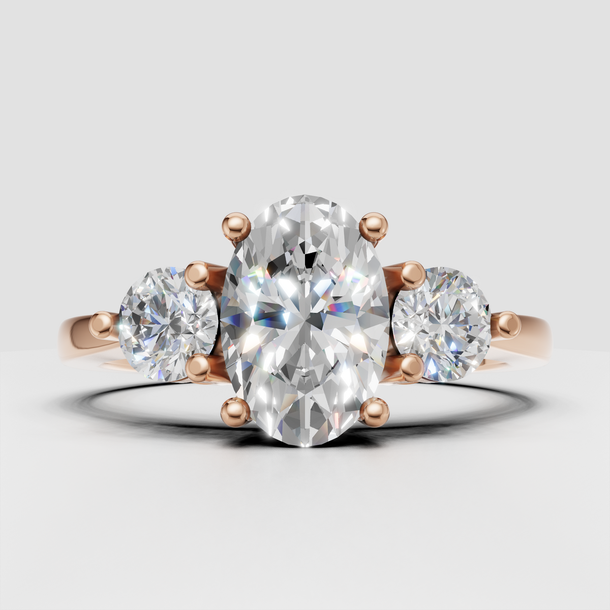 Oval cut three stone diamond engagement ring front view