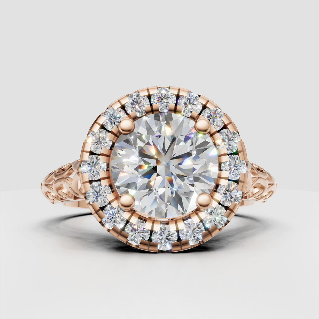 Round diamond halo ring featuring four-prong center setting and pavé accents