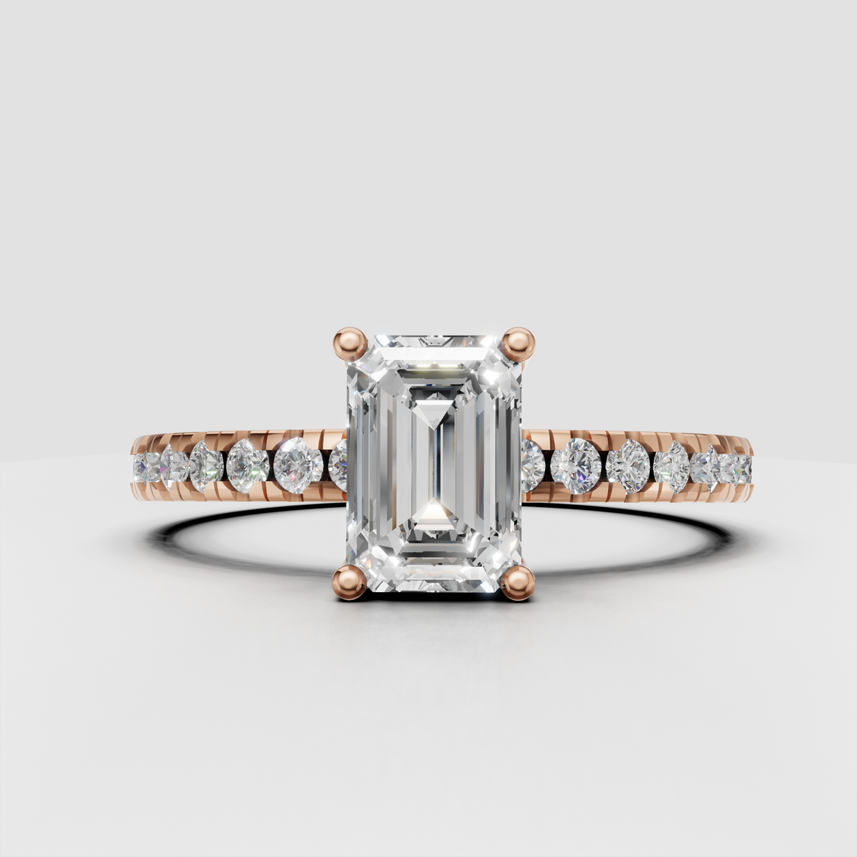 Emerald cut canter stone ring with paved half eternity diamond band