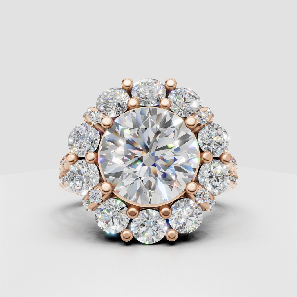 Yellow gold split shank diamond halo ring side profile