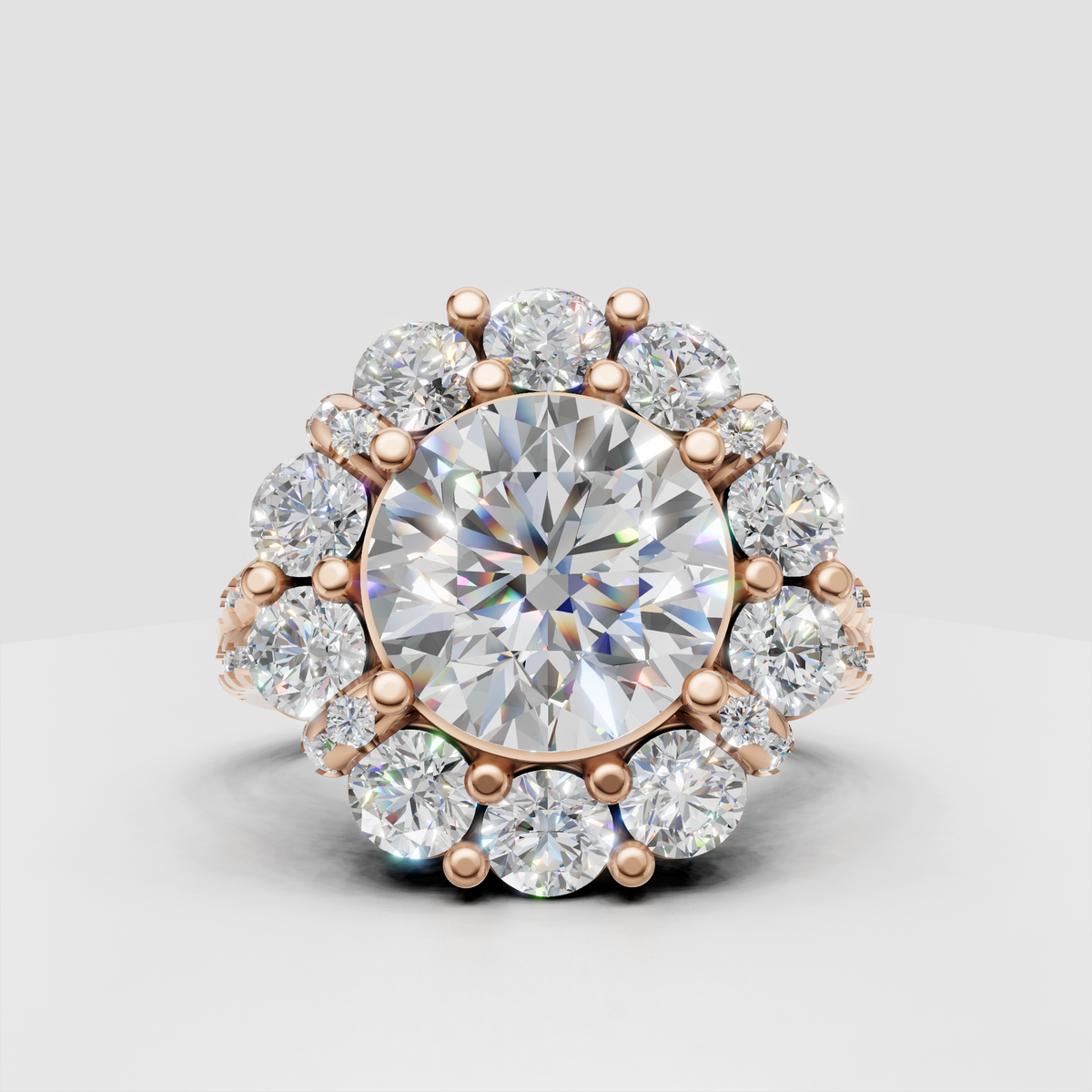 Yellow gold split shank diamond halo ring side profile