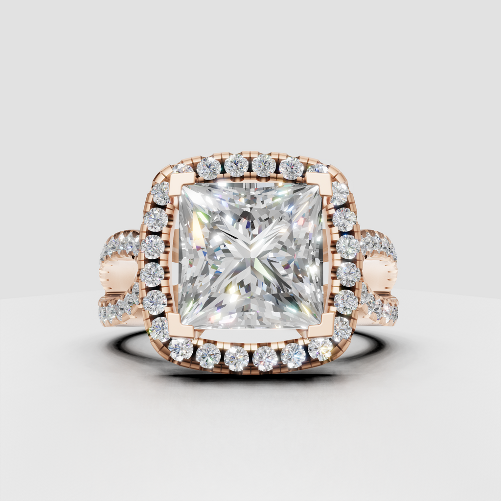 Split shank princess diamond ring with pavé-set round diamonds