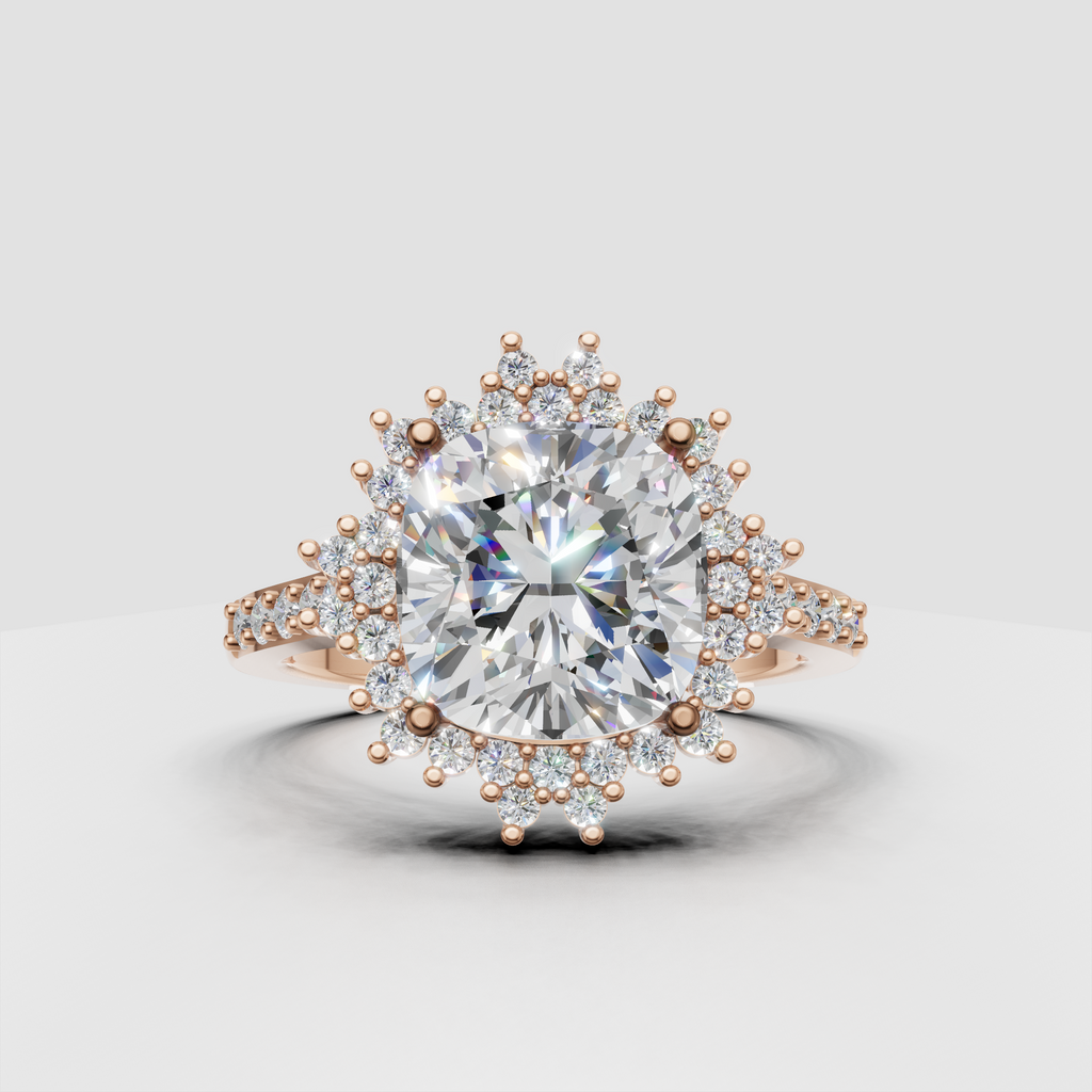 Elegant cushion diamond engagement ring with cathedral-style shoulders