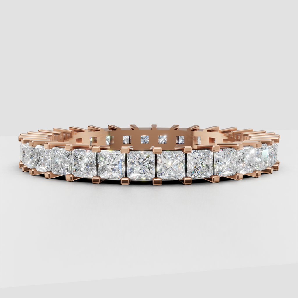 Yellow gold princess diamond eternity wedding band viewed from front