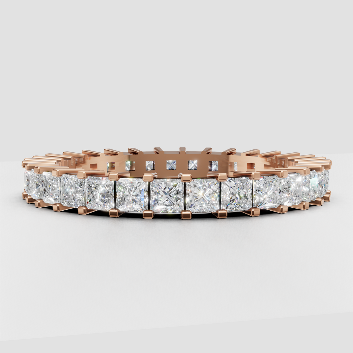 Yellow gold princess diamond eternity wedding band viewed from front