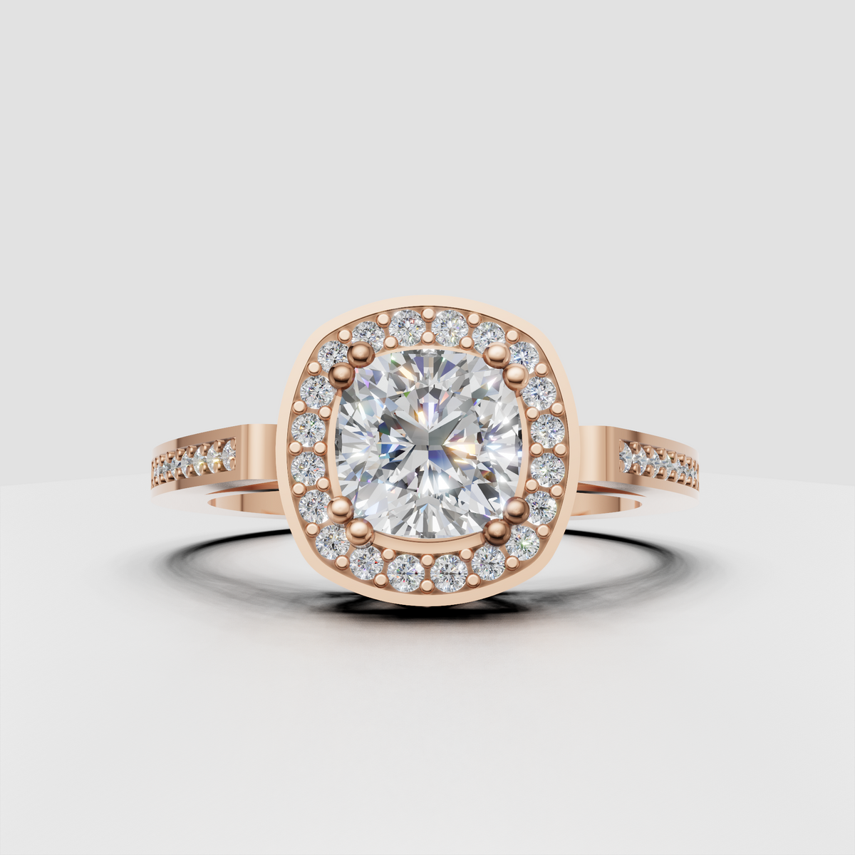 Elegant cushion cut halo engagement ring with diamond accent band
