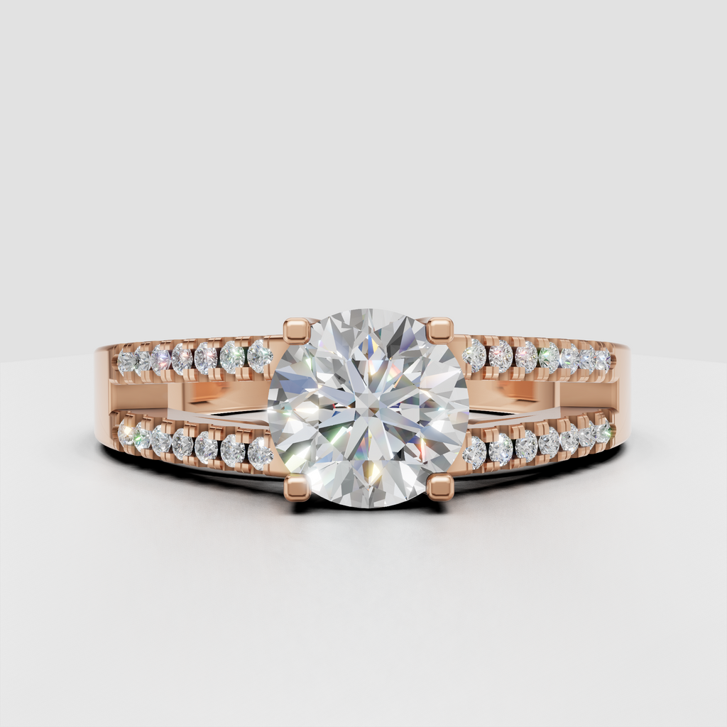 Elegant yellow gold round Diamond ring with open gallery and split shank