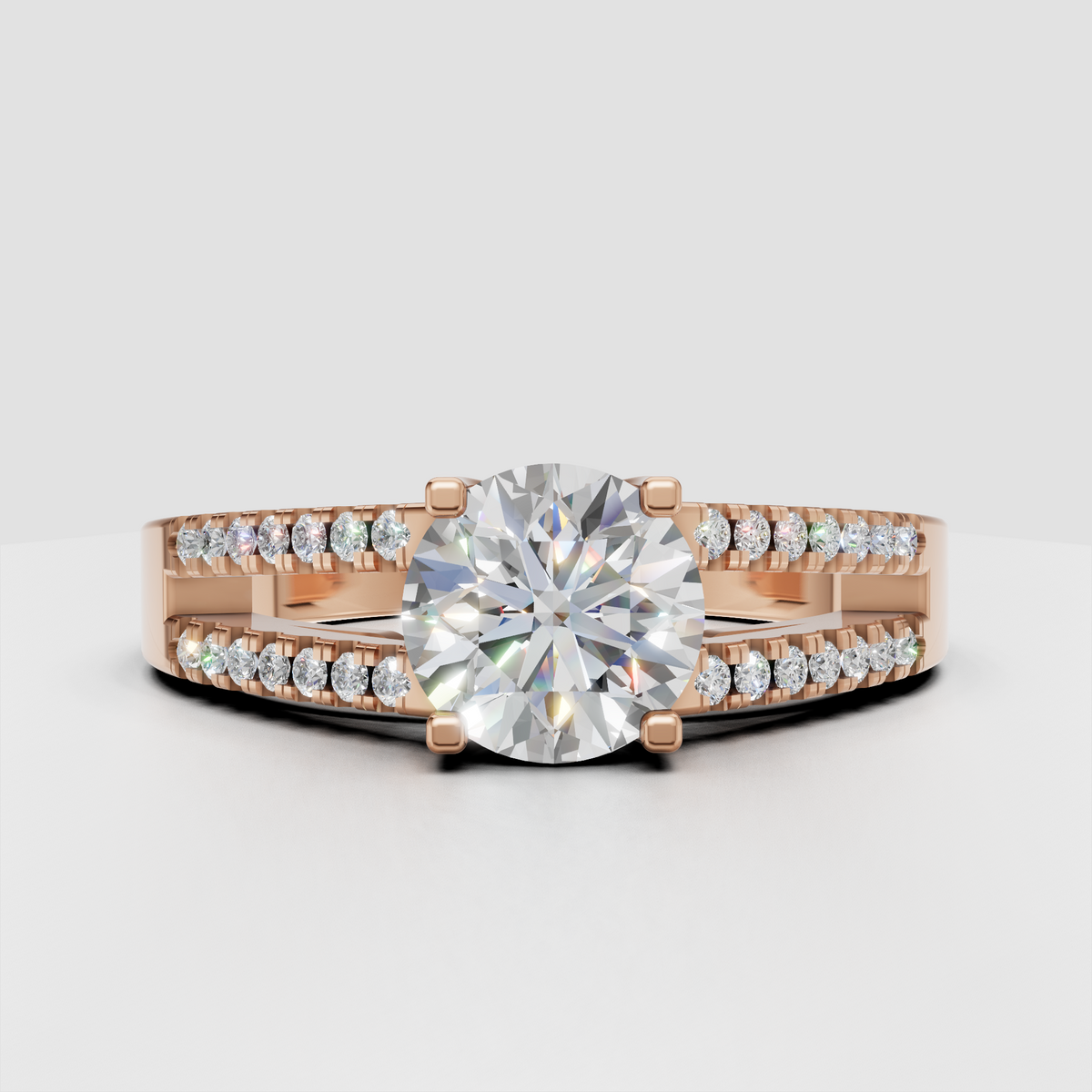 Elegant yellow gold round Diamond ring with open gallery and split shank
