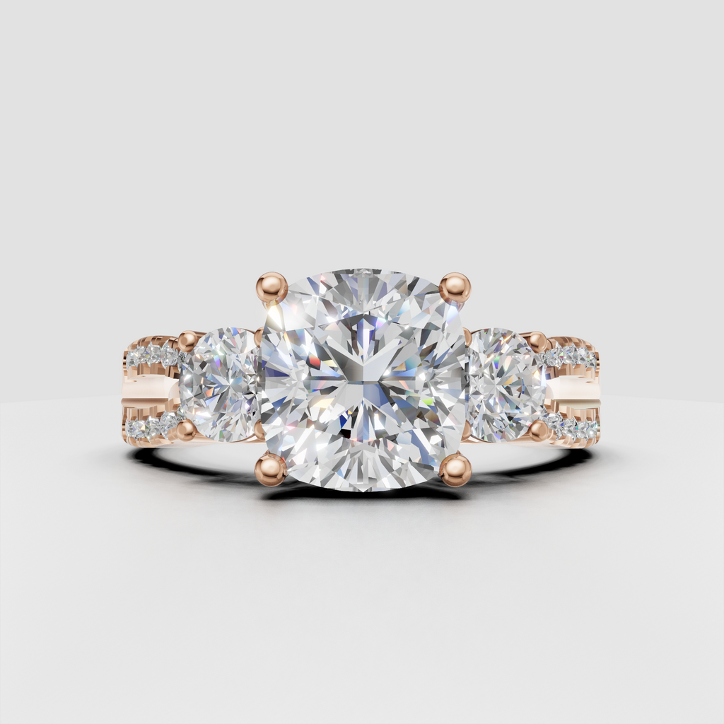 Cushion cut center diamond with round side stones