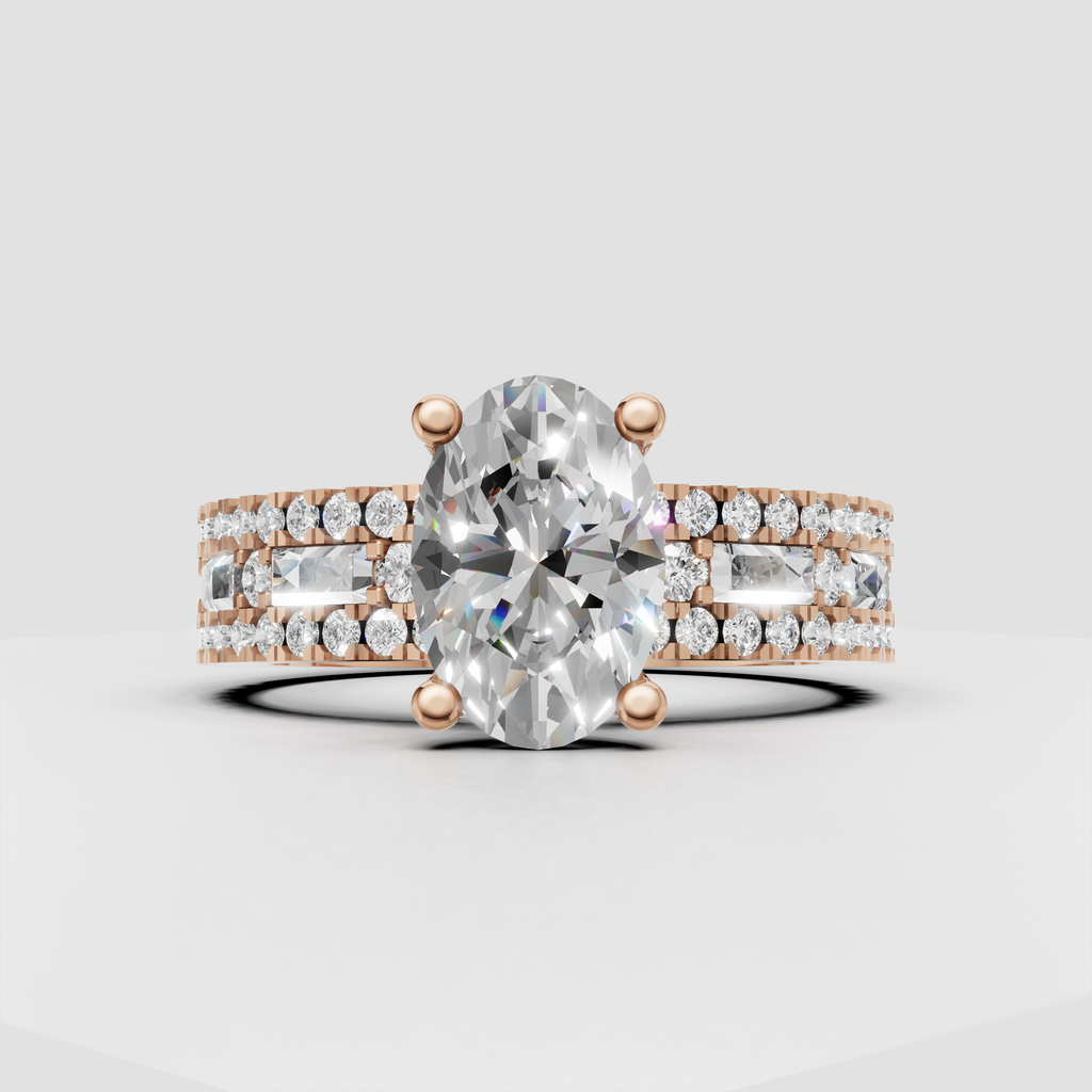 Oval diamond bridal ring featuring baguette accents and rows of round side stones