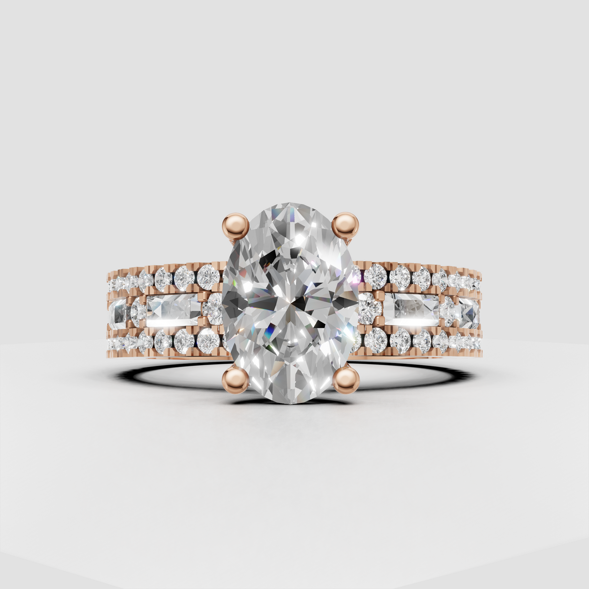 Oval diamond bridal ring featuring baguette accents and rows of round side stones