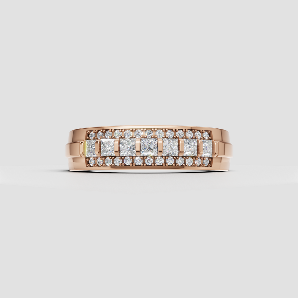 Princess cut diamond wedding band with round diamond detailing