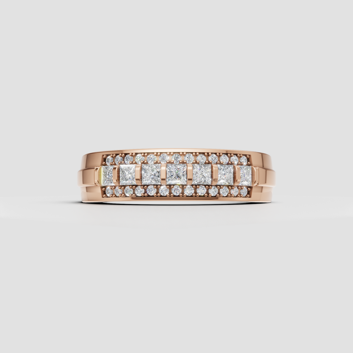 Princess cut diamond wedding band with round diamond detailing