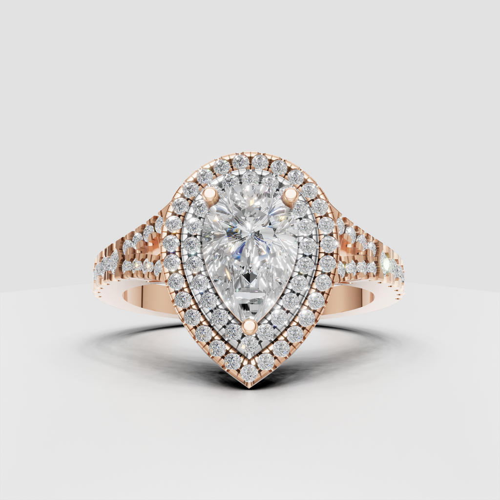 Yellow gold pear Diamond ring showcasing double halo detailing and pavé shoulders