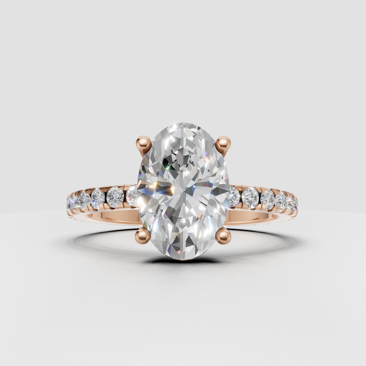 Oval Diamond Pave Band Solitaire Engagement Ring