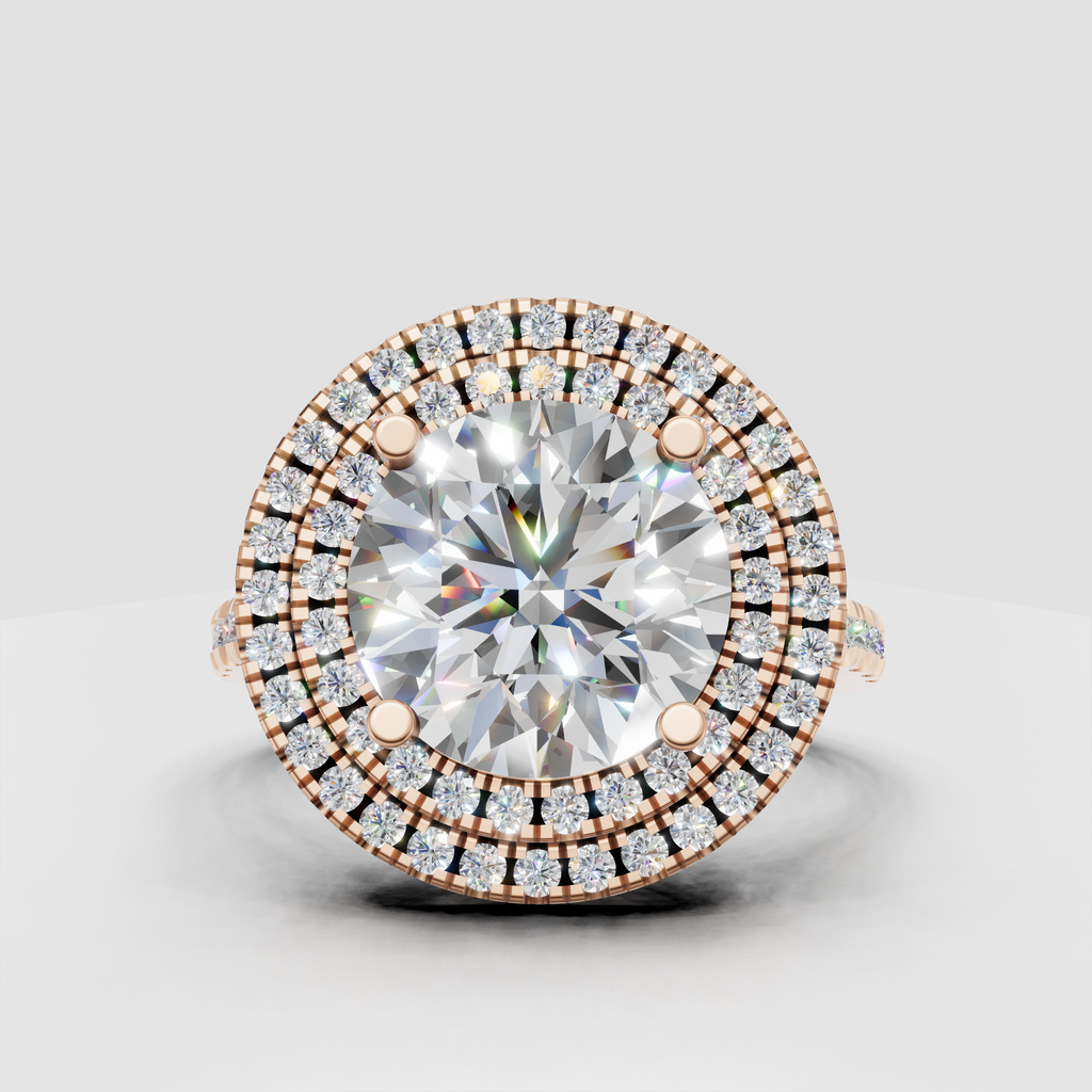Double halo round diamond ring with diamond-set yellow gold band