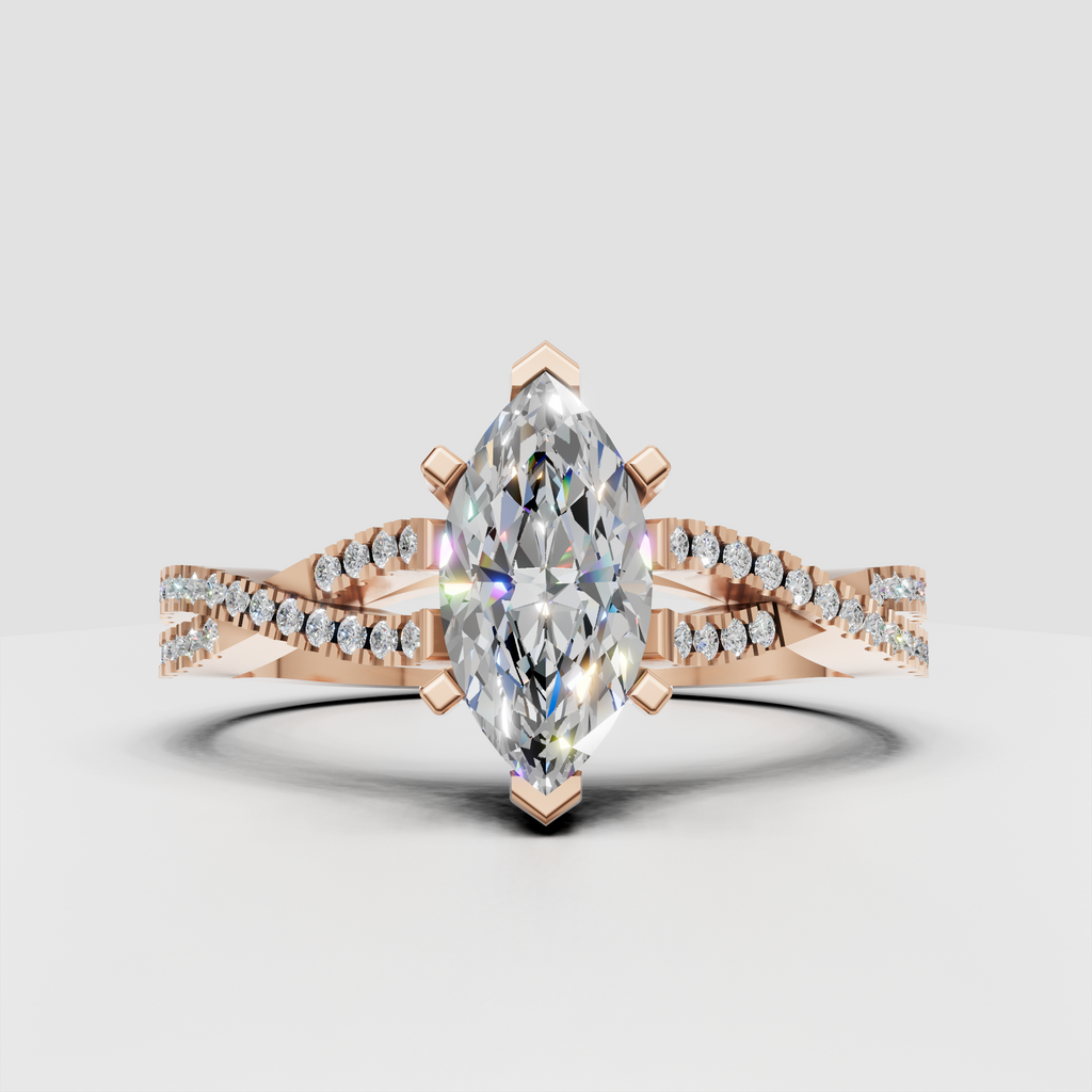 Yellow gold cathedral marquise engagement ring with diamond-set shoulders