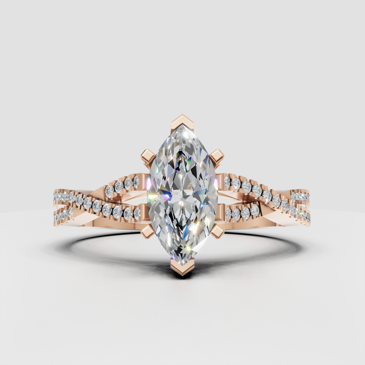 Yellow gold cathedral marquise engagement ring with diamond-set shoulders