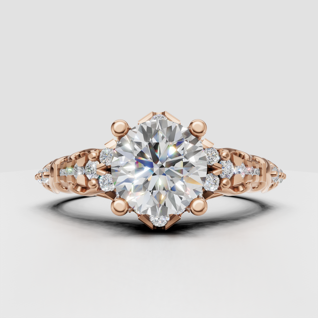Vintage floral diamond engagement ring featuring detailed filigree craftsmanship