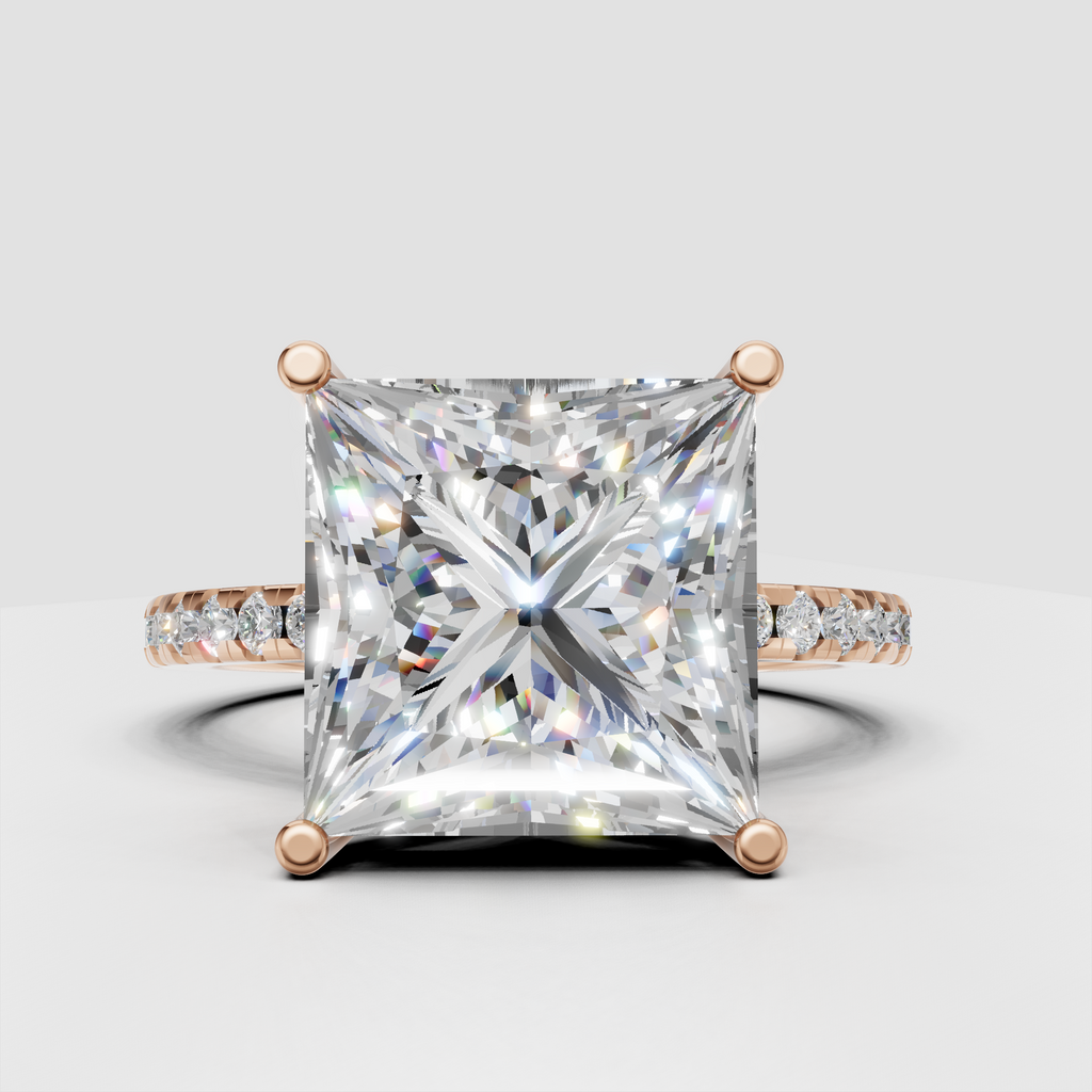 Hidden halo princess cut diamond ring with elevated cathedral setting and pave band.