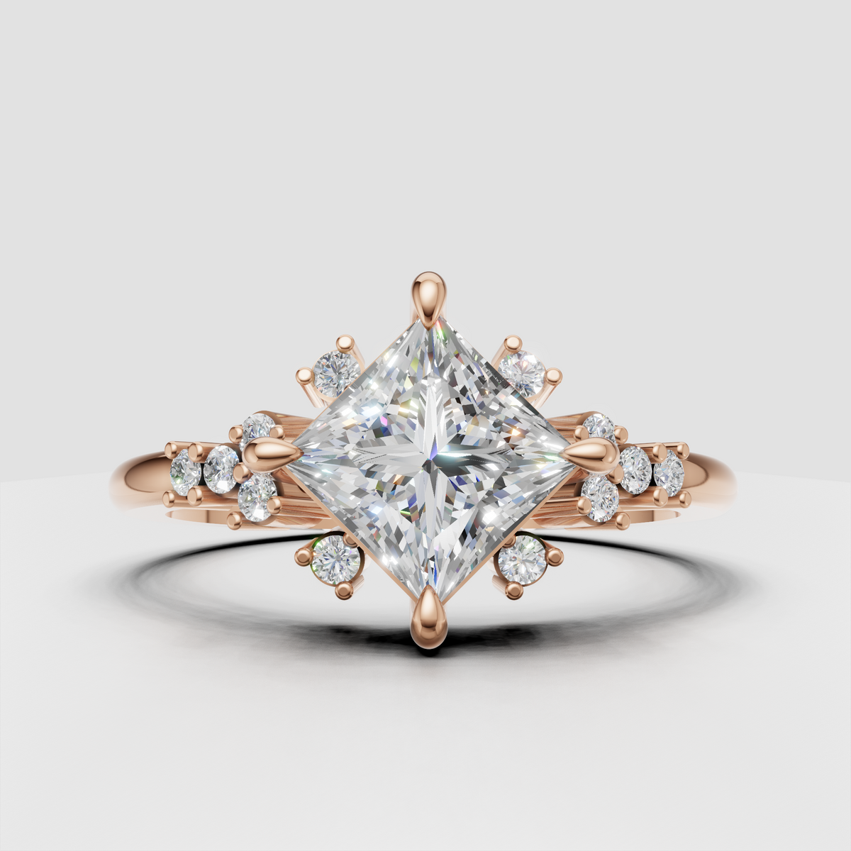 Elegant yellow gold princess cut bridal ring with floral accents