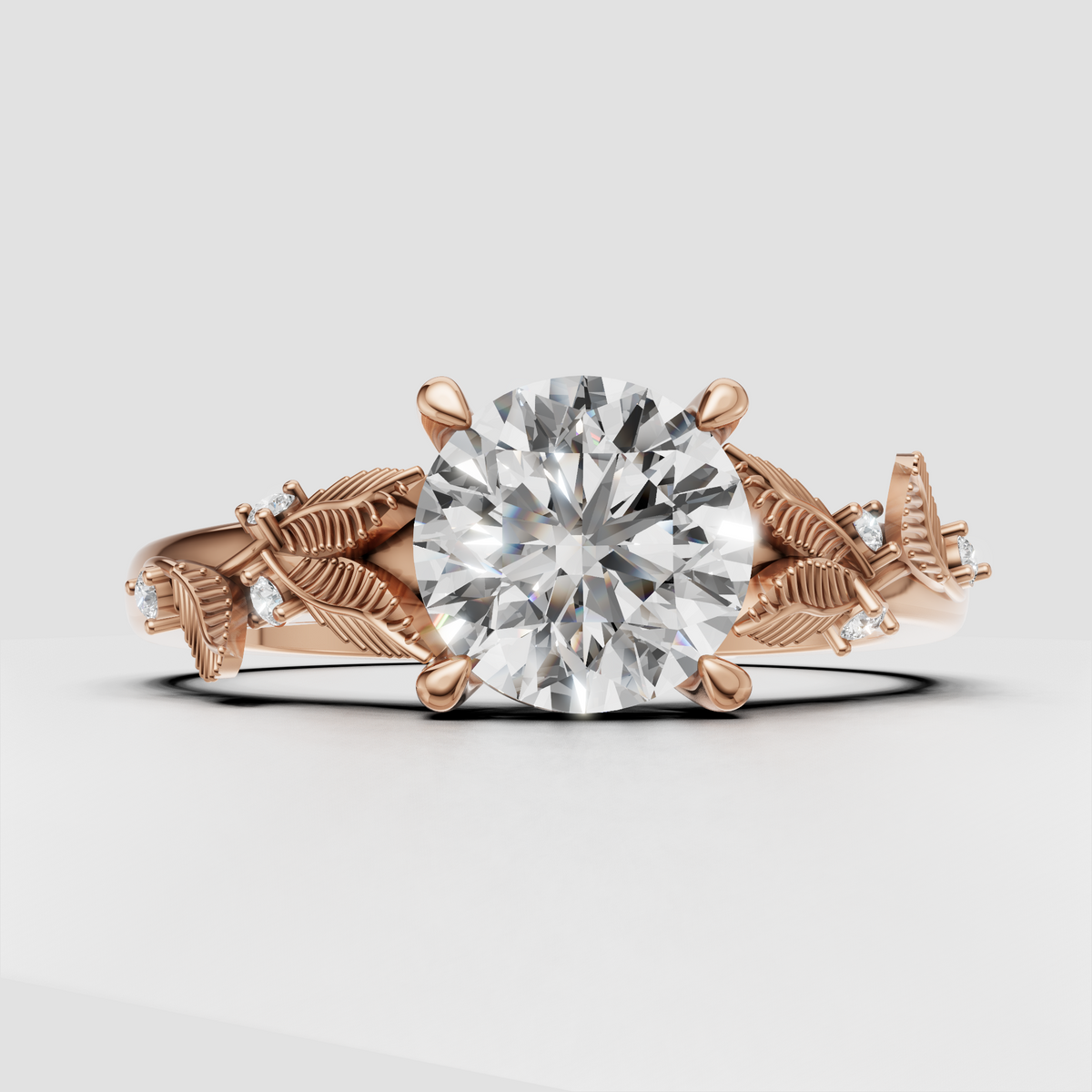 Round center diamond ring with flower-inspired botanical shoulders
