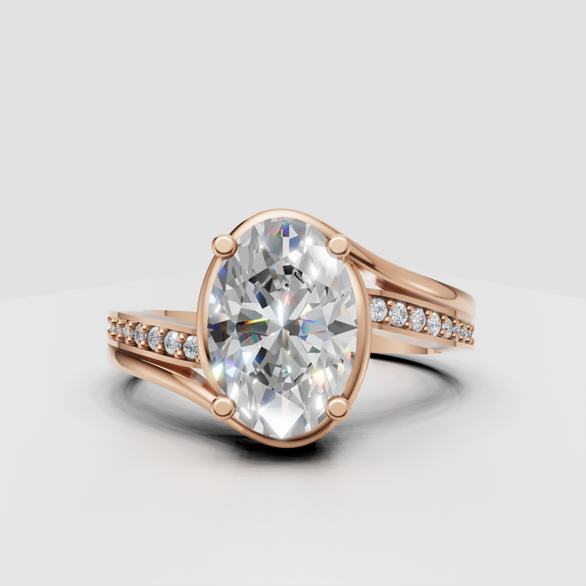 Oval engagement ring with diamond-studded split shank