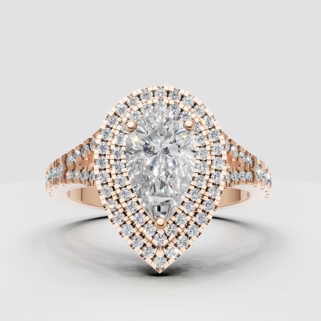 Brilliant pear diamond ring with triple halo and pave shank