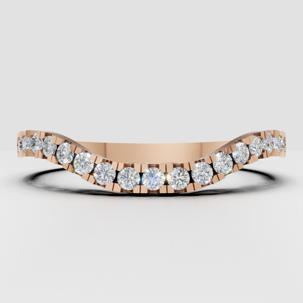Yellow gold half eternity diamond ring with round stones and symmetrical scroll motifs